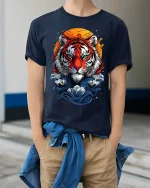 Fierce Tiger Moon Art Graphic Tee Shirt Bold Wild Style - model wearing navy tee with hands in pockets