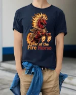 Year of the Fire Horse Flaming Warrior Art Graphic T Shirt - model wearing navy tee with hands in pockets