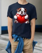 Cute Bulldog Hugging Heart Love Illustration Graphic Tee Shirt - model wearing navy tee with hands in pockets