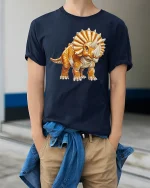 Cute Triceratops Dinosaur Cartoon Illustration Adorable Graphic Tee - model wearing navy tee with hands in pockets