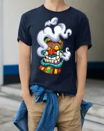 Funny Smoking Tiki Mask Cartoon Tribal Art Graphic T Shirt - model wearing navy tee with hands in pockets