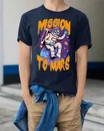 Mission To Mars Astronaut Skull Cartoon Space Graphic T Shirt - model wearing navy tee with hands in pockets