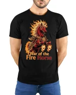 Year of the Fire Horse Flaming Warrior Art Graphic T Shirt - model wearing black tee with hands behind back