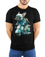 Cool French Bulldog Riding Scooter Vintage Style Graphic Tee - model wearing black tee with hands behind back