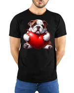 Cute Bulldog Hugging Heart Love Illustration Graphic Tee Shirt - model wearing black tee with hands behind back