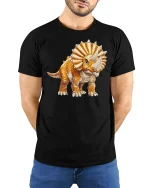 Cute Triceratops Dinosaur Cartoon Illustration Adorable Graphic Tee - model wearing black tee with hands behind back