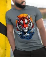 Fierce Tiger Moon Art Graphic Tee Shirt Bold Wild Style - model wearing grey tee, leaning on column