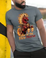 Year of the Fire Horse Flaming Warrior Art Graphic T Shirt - model wearing grey tee, leaning on column