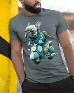 Cool French Bulldog Riding Scooter Vintage Style Graphic Tee - model wearing grey tee, leaning on column