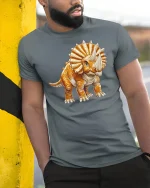 Cute Triceratops Dinosaur Cartoon Illustration Adorable Graphic Tee - model wearing grey tee, leaning on column
