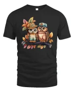 Cute Owl Friends Wearing Hats Autumn Illustration Graphic T Shirt Tee - black t-shirt on white background