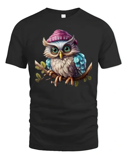 Cute Owl Wearing Beanie Cozy Illustration Graphic T Shirt Tee - black t-shirt on white background