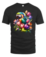 Colorful Parrot With Tulip Flowers Elegant Art Graphic T Shirt Tee - black t-shirt on white background