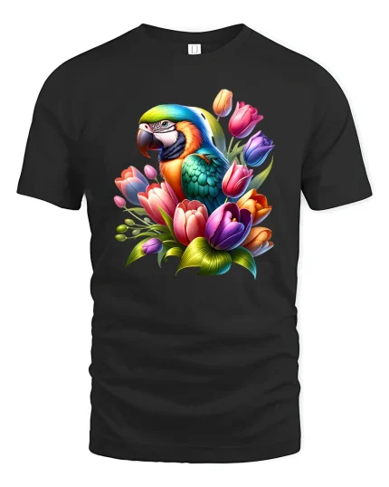 Colorful Parrot With Tulip Flowers Elegant Art Graphic T Shirt Tee - black t-shirt on white background