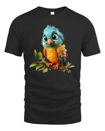Cute Colorful Baby Bird Perched On Branch Graphic T Shirt Tee - black t-shirt on white background