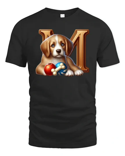 Cute Puppy With Toys And Letter Art Adorable Graphic T Shirt Tee - black t-shirt on white background