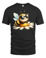 Cool Bee Wearing Sunglasses Cute Cartoon Illustration Graphic T Shirt Tee - black t-shirt on white background