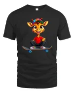 Cute Skateboarding Giraffe Cartoon Street Style Graphic T Shirt Tee - black t-shirt on white background
