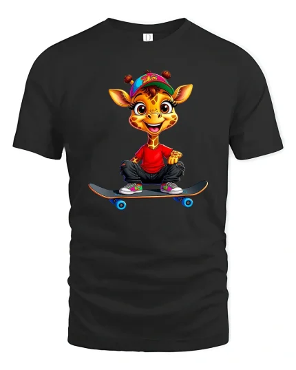 Cute Skateboarding Giraffe Cartoon Street Style Graphic T Shirt Tee - black t-shirt on white background
