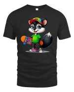 Cute Skateboarding Raccoon Cartoon Street Style Graphic T Shirt Tee - black t-shirt on white background