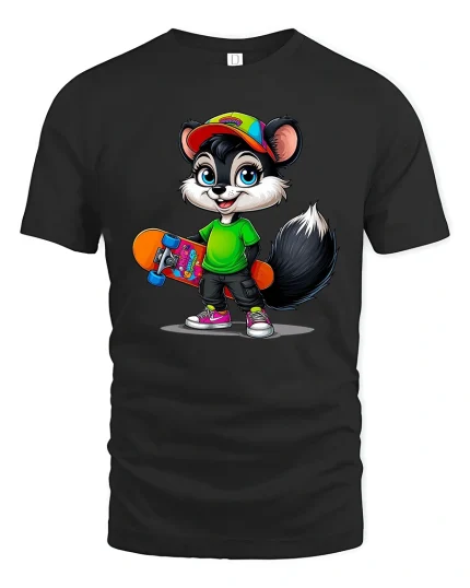 Cute Skateboarding Raccoon Cartoon Street Style Graphic T Shirt Tee - black t-shirt on white background