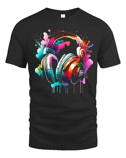 Colorful Music Headphones Paint Splash Art Graphic T Shirt Tee - black t-shirt on white background