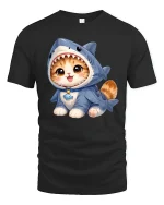 Cute Kitten Wearing Shark Costume Adorable Cartoon Graphic T Shirt Tee - black t-shirt on white background