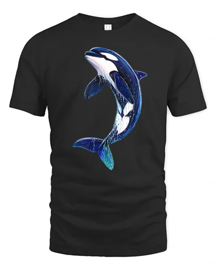 Majestic Orca Whale Jumping Ocean Illustration Graphic T Shirt Tee - black t-shirt on white background