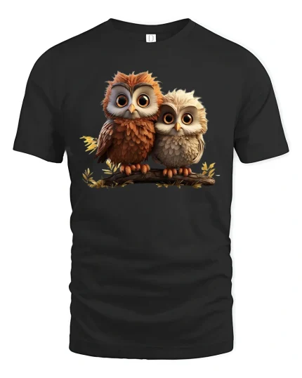 Cute Twin Baby Owls Sitting Together Cozy Illustration T Shirt Tee - black t-shirt on white background