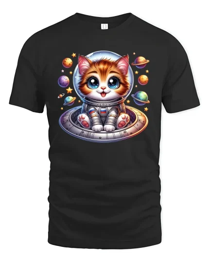 Cute Astronaut Cat In Space UFO Cartoon Graphic T Shirt Tee - black t-shirt on white background