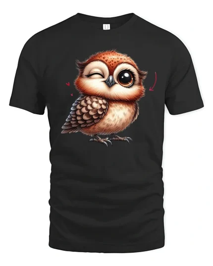 Cute Winking Baby Owl With Hearts Adorable Graphic T Shirt Tee - black t-shirt on white background