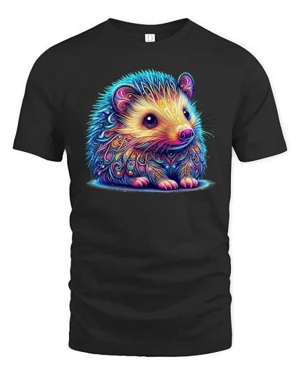 Colorful Cute Hedgehog Illustration Art Graphic T Shirt Tee - black t-shirt on white background