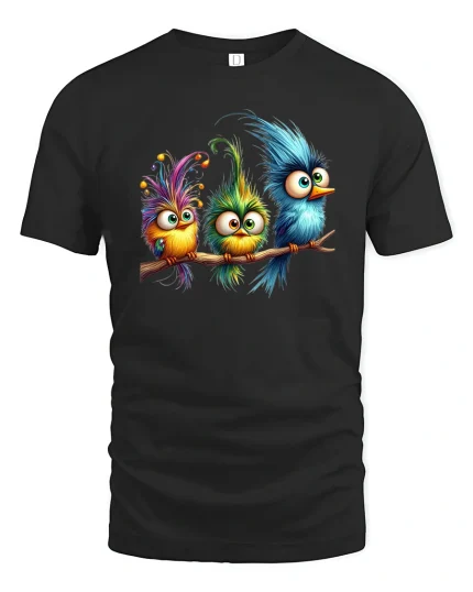 Funny Colorful Cartoon Birds Sitting Together Graphic T Shirt Tee - black t-shirt on white background