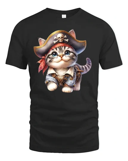 Cute Pirate Cat Wearing Hat Adorable Adventure Graphic T Shirt Tee - black t-shirt on white background