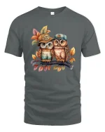 Cute Owl Friends Wearing Hats Autumn Illustration Graphic T Shirt Tee - gray t-shirt on white background