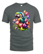 Colorful Parrot With Tulip Flowers Elegant Art Graphic T Shirt Tee - gray t-shirt on white background