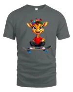 Cute Skateboarding Giraffe Cartoon Street Style Graphic T Shirt Tee - gray t-shirt on white background