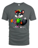 Cute Skateboarding Raccoon Cartoon Street Style Graphic T Shirt Tee - gray t-shirt on white background