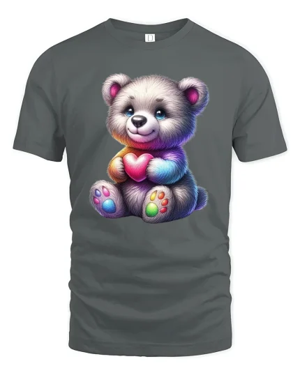 Cute Teddy Bear Holding Heart Rainbow Art Graphic T Shirt Tee - gray t-shirt on white background