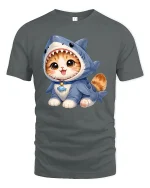 Cute Kitten Wearing Shark Costume Adorable Cartoon Graphic T Shirt Tee - gray t-shirt on white background