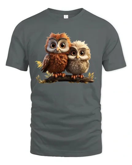 Cute Twin Baby Owls Sitting Together Cozy Illustration T Shirt Tee - gray t-shirt on white background