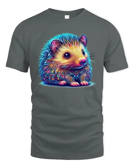 Colorful Cute Hedgehog Illustration Art Graphic T Shirt Tee - gray t-shirt on white background