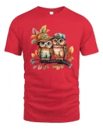 Cute Owl Friends Wearing Hats Autumn Illustration Graphic T Shirt Tee - red t-shirt on white background