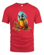 Cute Colorful Baby Bird Perched On Branch Graphic T Shirt Tee - red t-shirt on white background
