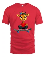 Cute Skateboarding Giraffe Cartoon Street Style Graphic T Shirt Tee - red t-shirt on white background