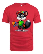 Cute Skateboarding Raccoon Cartoon Street Style Graphic T Shirt Tee - red t-shirt on white background