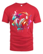 Colorful Music Headphones Paint Splash Art Graphic T Shirt Tee - red t-shirt on white background