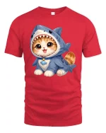 Cute Kitten Wearing Shark Costume Adorable Cartoon Graphic T Shirt Tee - red t-shirt on white background
