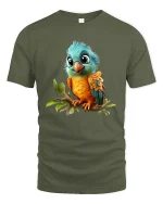 Cute Colorful Baby Bird Perched On Branch Graphic T Shirt Tee - military green t-shirt on white background