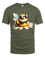 Cool Bee Wearing Sunglasses Cute Cartoon Illustration Graphic T Shirt Tee - military green t-shirt on white background